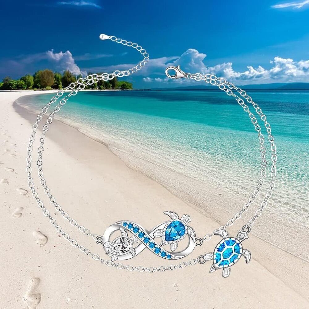 Sterling Silver Sea Turtle Anklet Blue Opal Beach Jewelry for Women - Picture 5 of 9